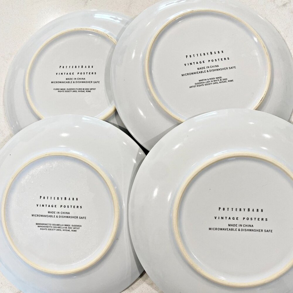 Pottery Barn  VINTAGE POSTERS Set of 4 Plates Canape Cocktail 8"  Appetizer - Picture 6 of 8